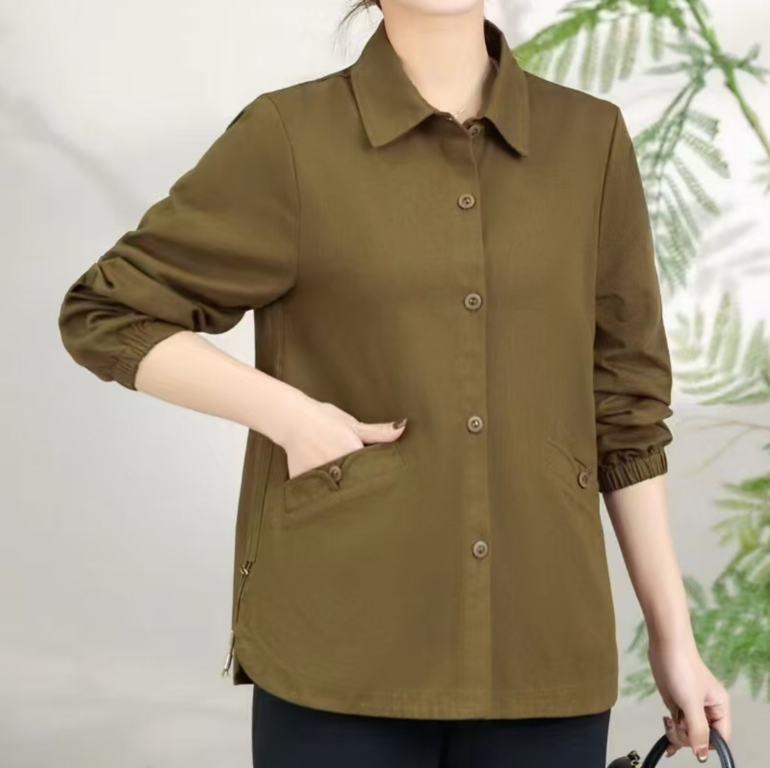 New arrivals for Spring/Autumn 2025 women's wear: Khaki long-sleeved tops, trendy and fashionable middle-aged clothing, available in sizes ranging from XL to 5XL