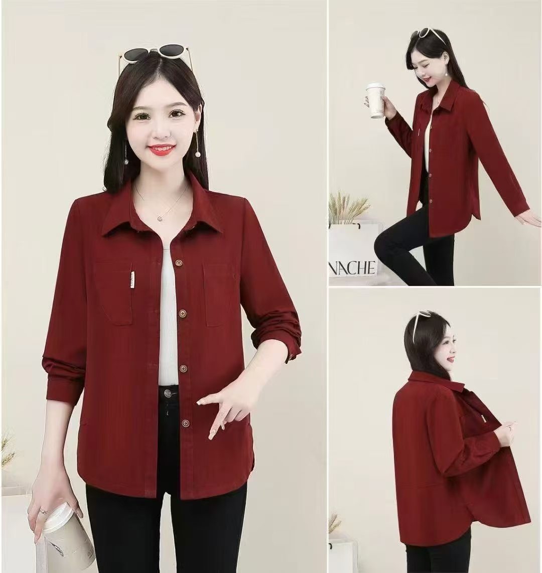 New arrivals for Spring/Autumn 2025 women's wear: A trendy purple-red long-sleeved top for middle-aged fashion, available in sizes from XL to 5XL Application Scenario