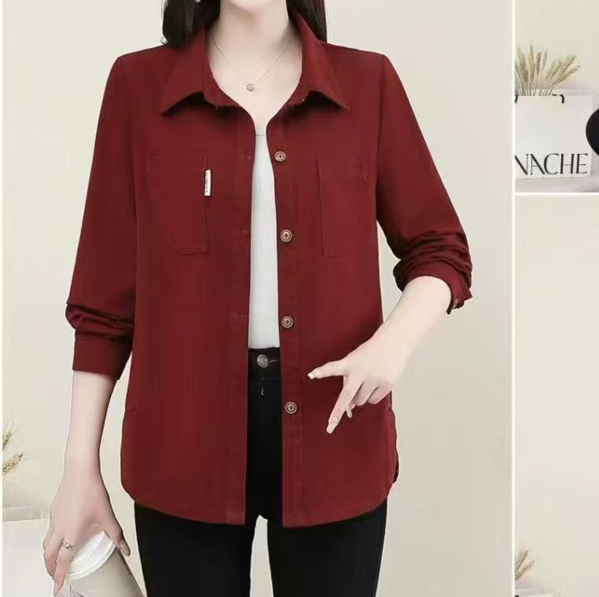 New arrivals for Spring/Autumn 2025 women's wear: A trendy purple-red long-sleeved top for middle-aged fashion, available in sizes from XL to 5XL