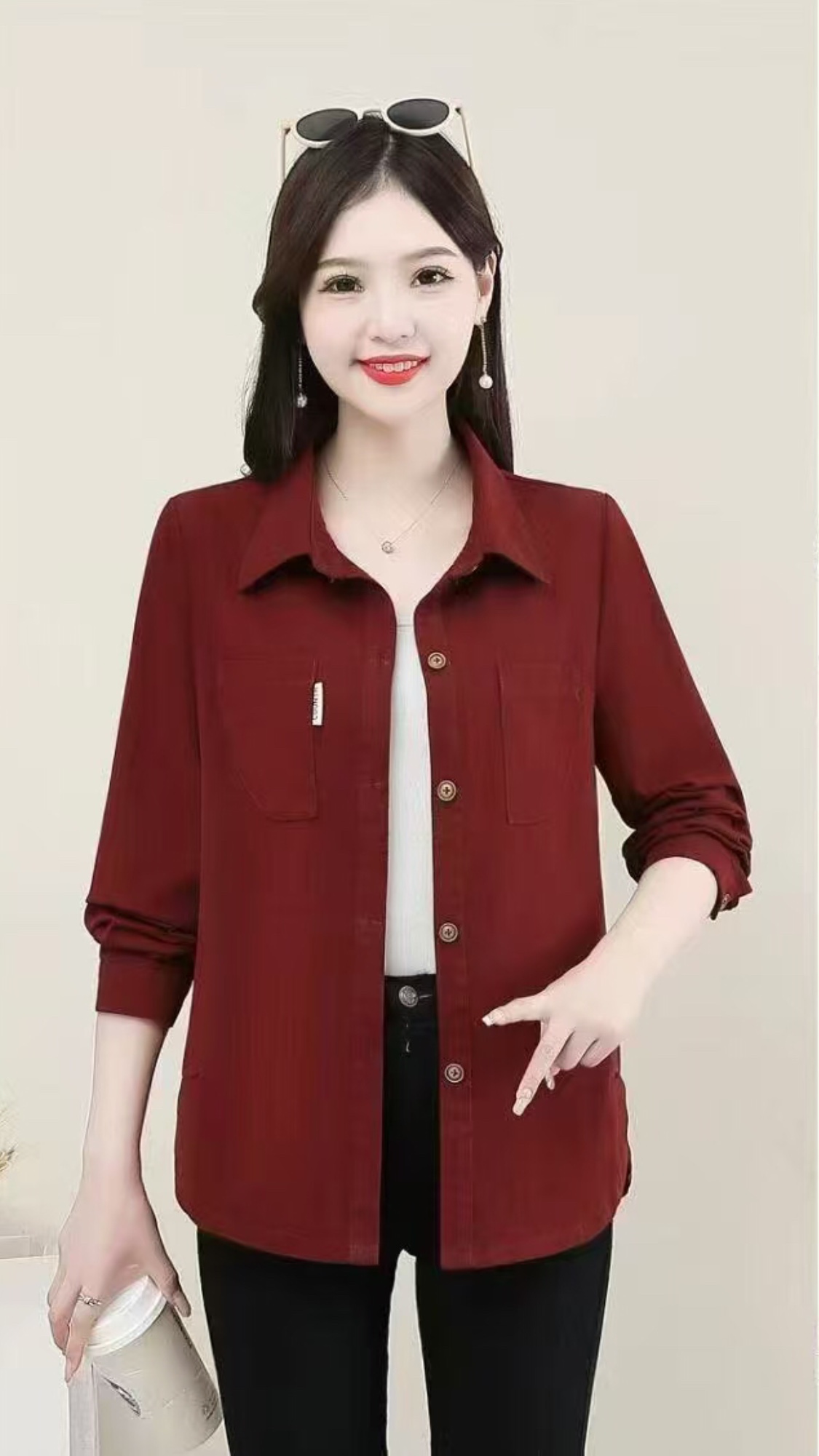 New arrivals for Spring/Autumn 2025 women's wear: A trendy purple-red long-sleeved top for middle-aged fashion, available in sizes from XL to 5XL pic 5