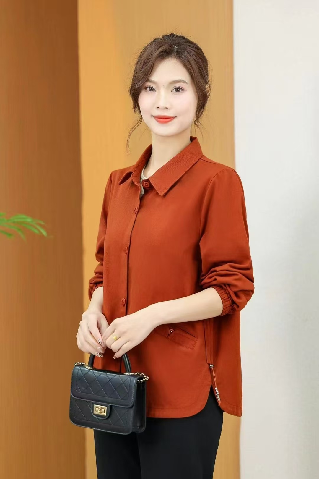 New arrivals for Spring/Autumn 2025 women's wear: Orange long-sleeved tops, fashionable middle-aged clothing. Sizes: XL to 5XL details Picture