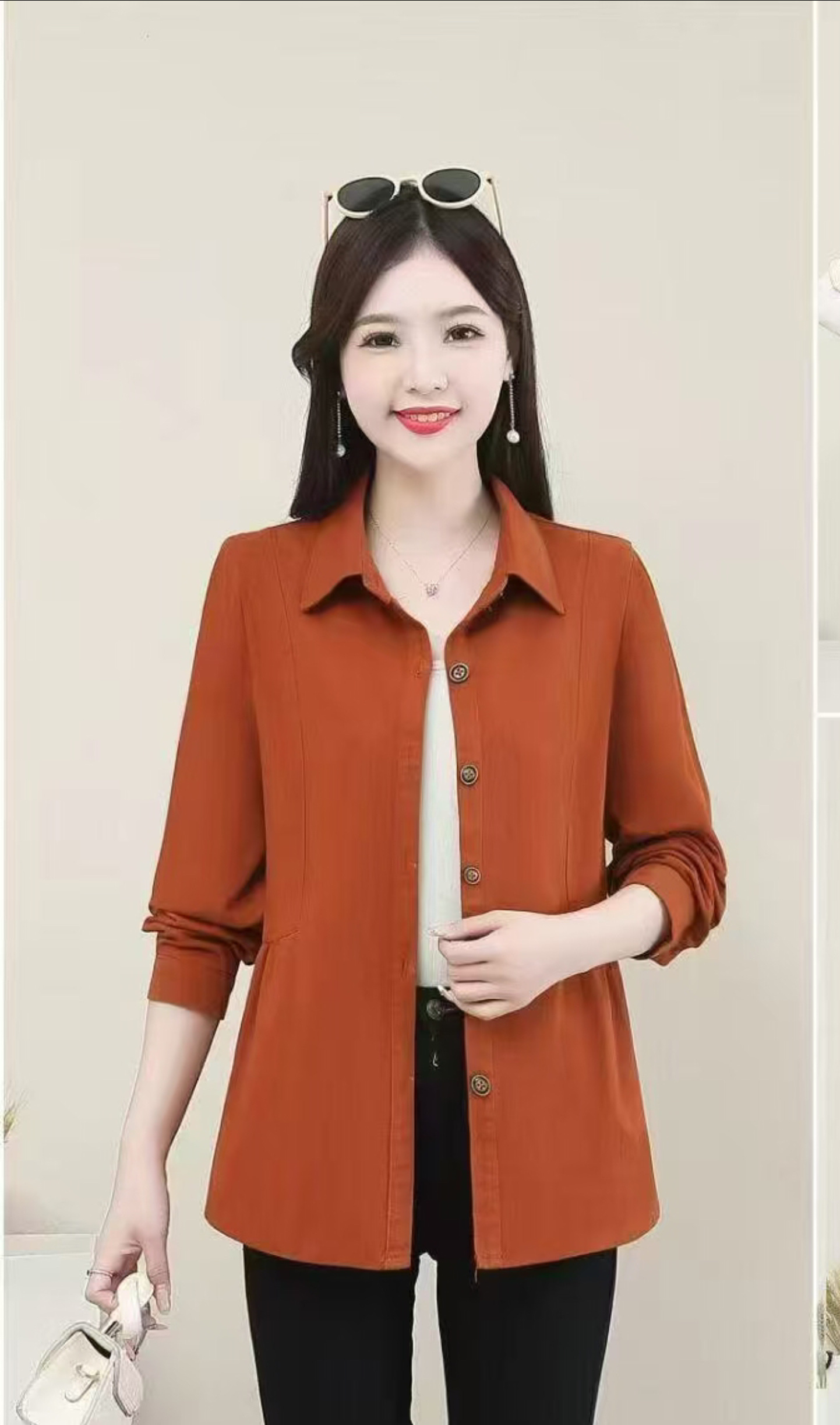 New arrivals for Spring/Autumn 2025 women's wear: Orange long-sleeved tops are a trendy and fashionable middle-aged outfit. Sizes range from XL to 5XL Item Picture