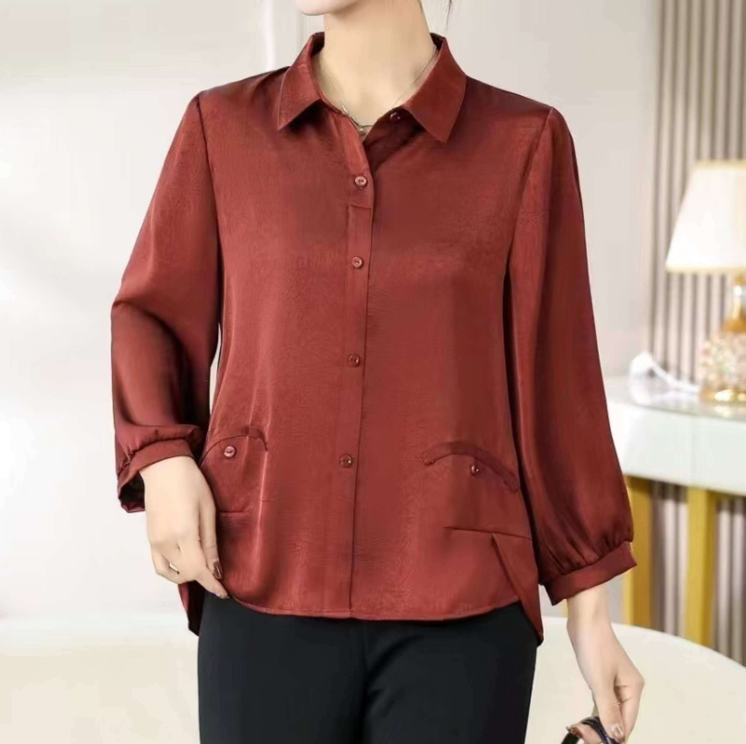 New arrivals for Spring/Autumn 2025 women's wear: Coffee-colored long-sleeved tops, trendy and fashionable middle-aged clothing, available in sizes ranging from XL to 5XL