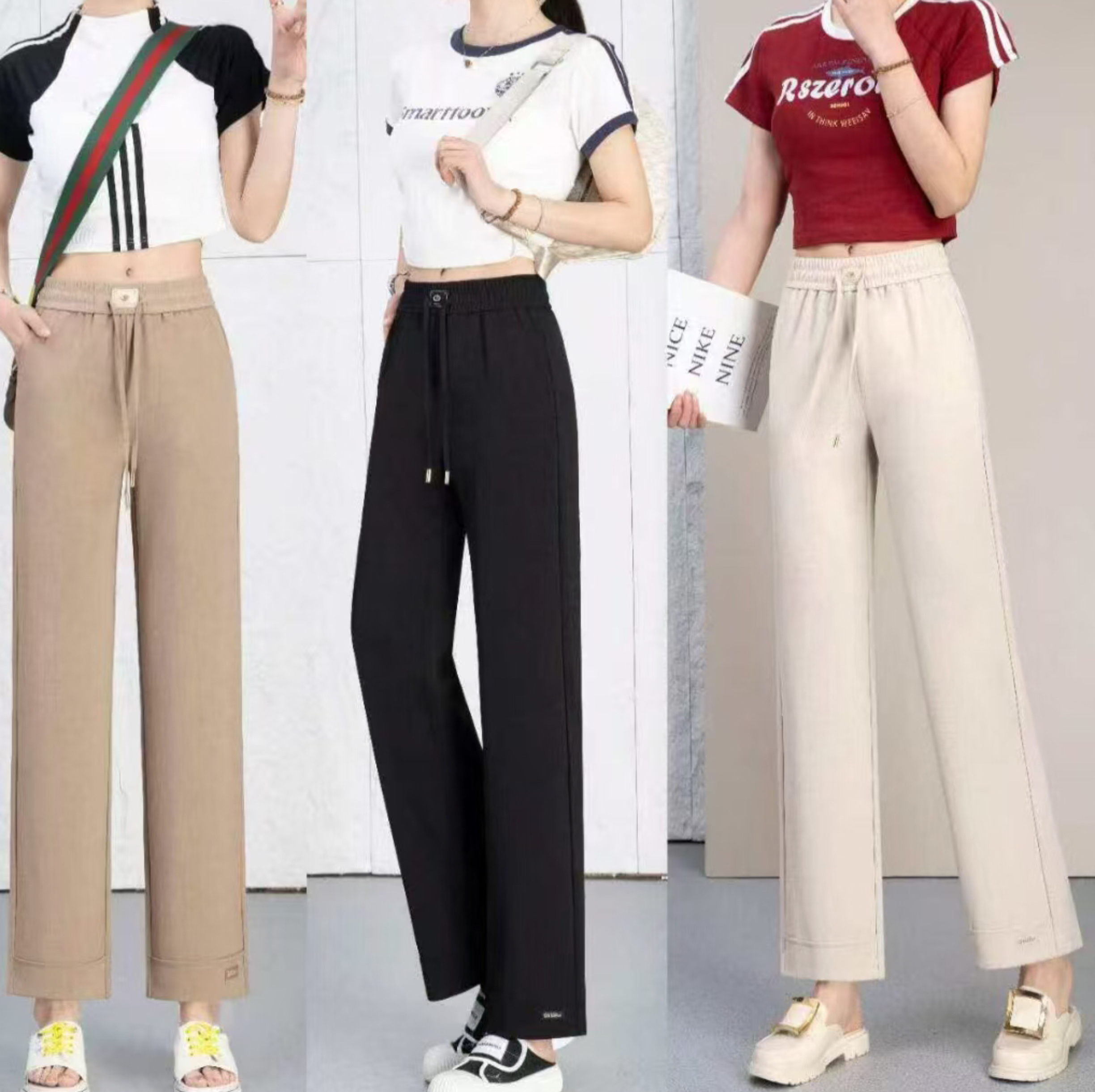 For the Spring and autumn of 2025, straight-leg women's pants are simple, height-enhancing, slimming, fashionable and trendy new women's wear. The sizes of these black and off-white pants range from 2XL to 5XL