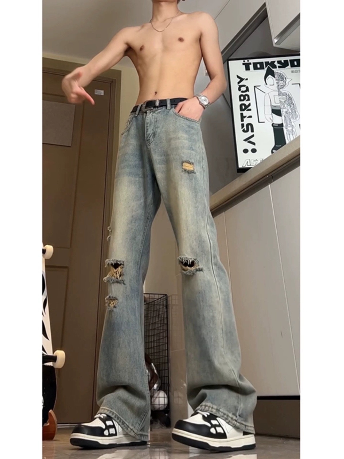 复古蓝破洞牛仔裤男高腰夏季古着vintage裤子美式vibe弯刀微喇白底实物图