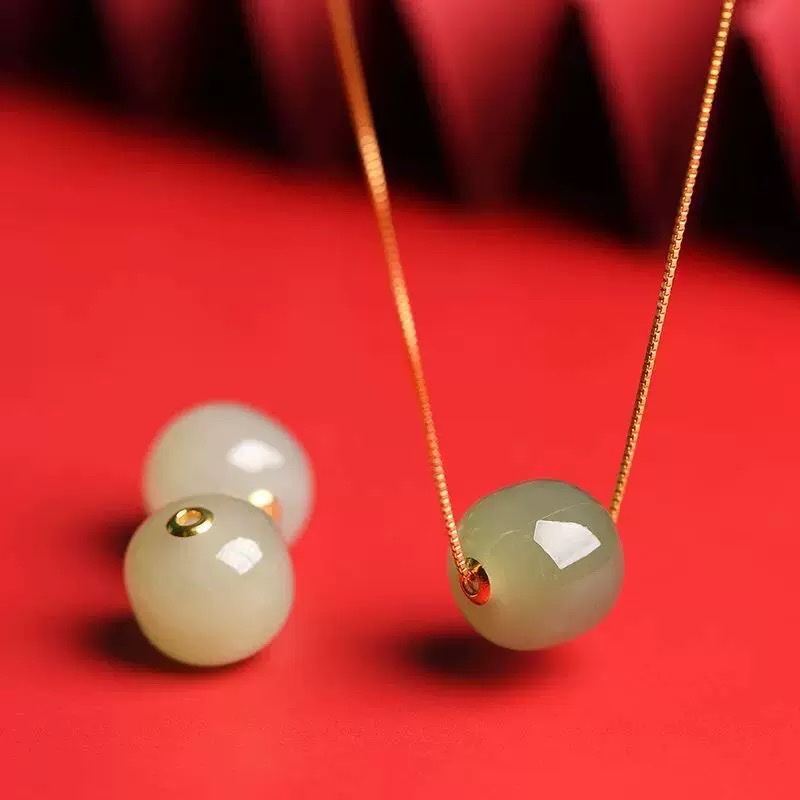 Natural Hetian jade bucket beads, loose beads, 18k gold inlaid Hetian jade old-style bead road through collarbone pendant necklace diy with beads, light luxury jewelry gift details Picture