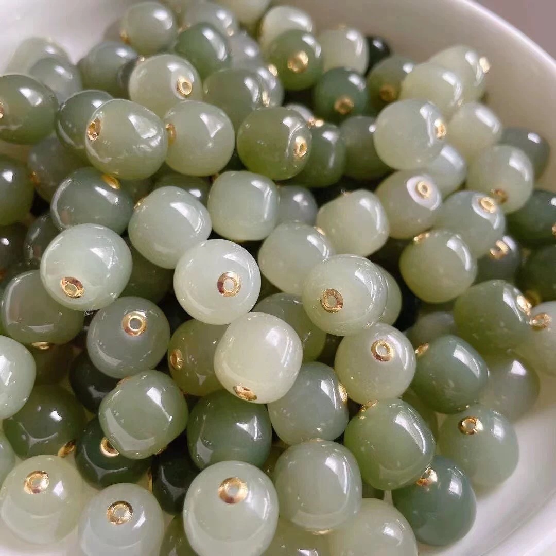 Natural Hetian jade bucket beads, loose beads, 18k gold inlaid Hetian jade old-style bead road through collarbone pendant necklace diy with beads, light luxury jewelry gift detail image 8