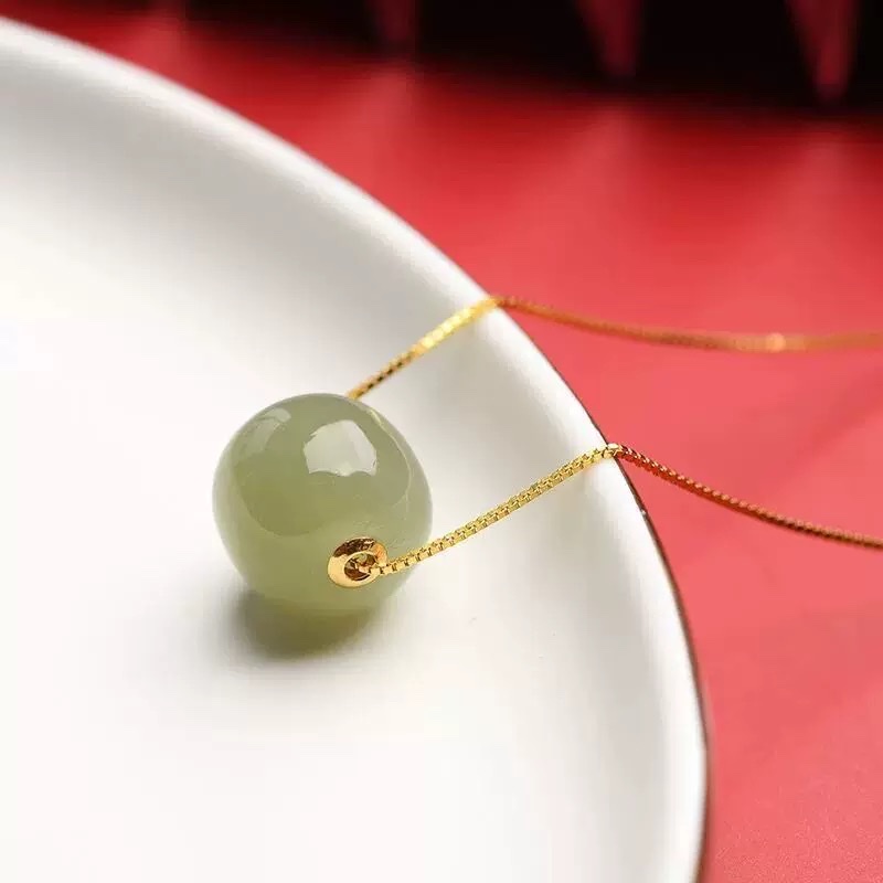 Natural Hetian jade bucket beads, loose beads, 18k gold inlaid Hetian jade old-style bead road through collarbone pendant necklace diy with beads, light luxury jewelry gift detail image 4