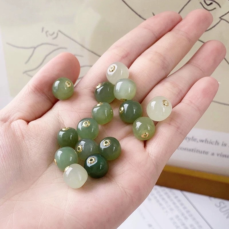 Natural Hetian jade bucket beads, loose beads, 18k gold inlaid Hetian jade old-style bead road through collarbone pendant necklace diy with beads, light luxury jewelry gift detail image 2