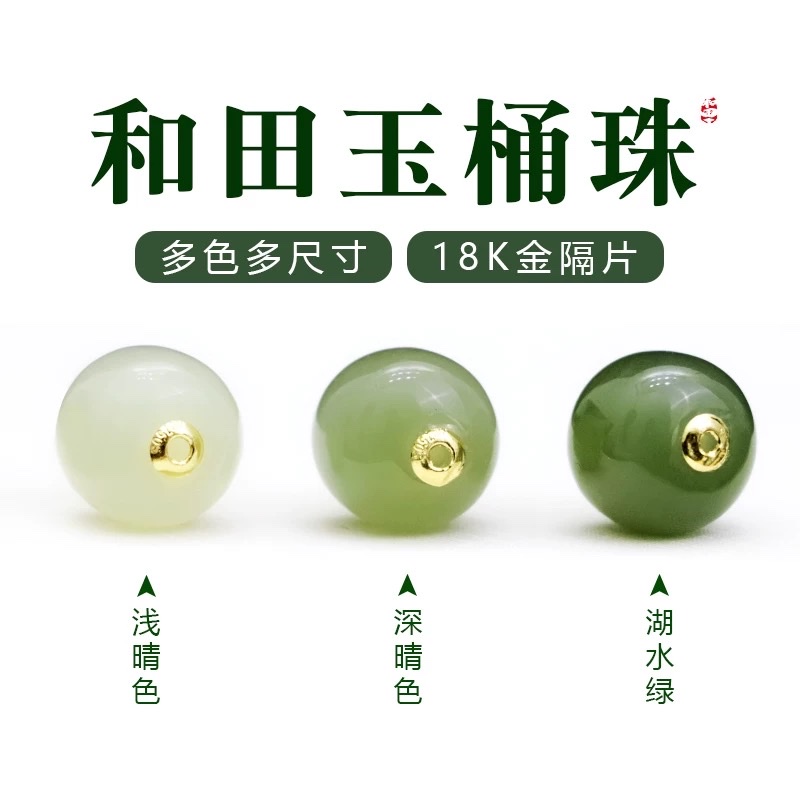 Natural Hetian jade bucket beads, loose beads, 18k gold inlaid Hetian jade old-style bead road through collarbone pendant necklace diy with beads, light luxury jewelry gift detail image 7