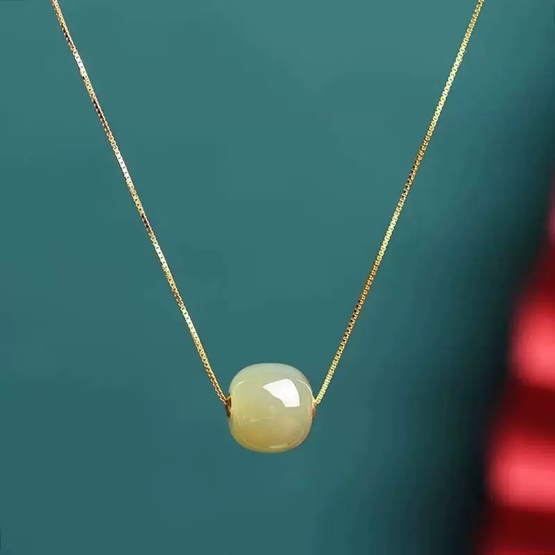 Natural Hetian jade bucket beads, loose beads, 18k gold inlaid Hetian jade old-style bead road through collarbone pendant necklace diy with beads, light luxury jewelry gift detail image 6