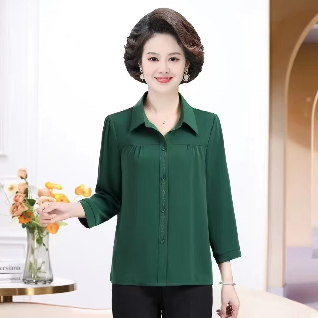 New arrivals for Spring/Autumn 2025 women's wear: Green long-sleeved tops, trendy and fashionable middle-aged clothing, available in sizes from XL to 3XL details Picture