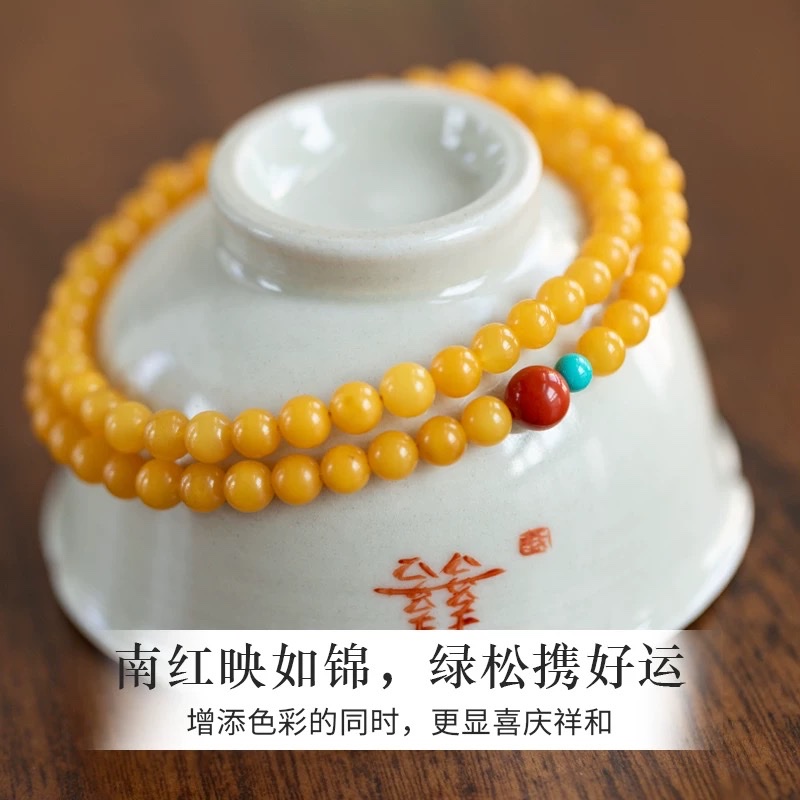 天然琥珀蜜蜡 双圈蜜蜡手链女 叠戴南红绿松石多宝手链 俄料鸡油黄多圈小米珠手链女详情图4