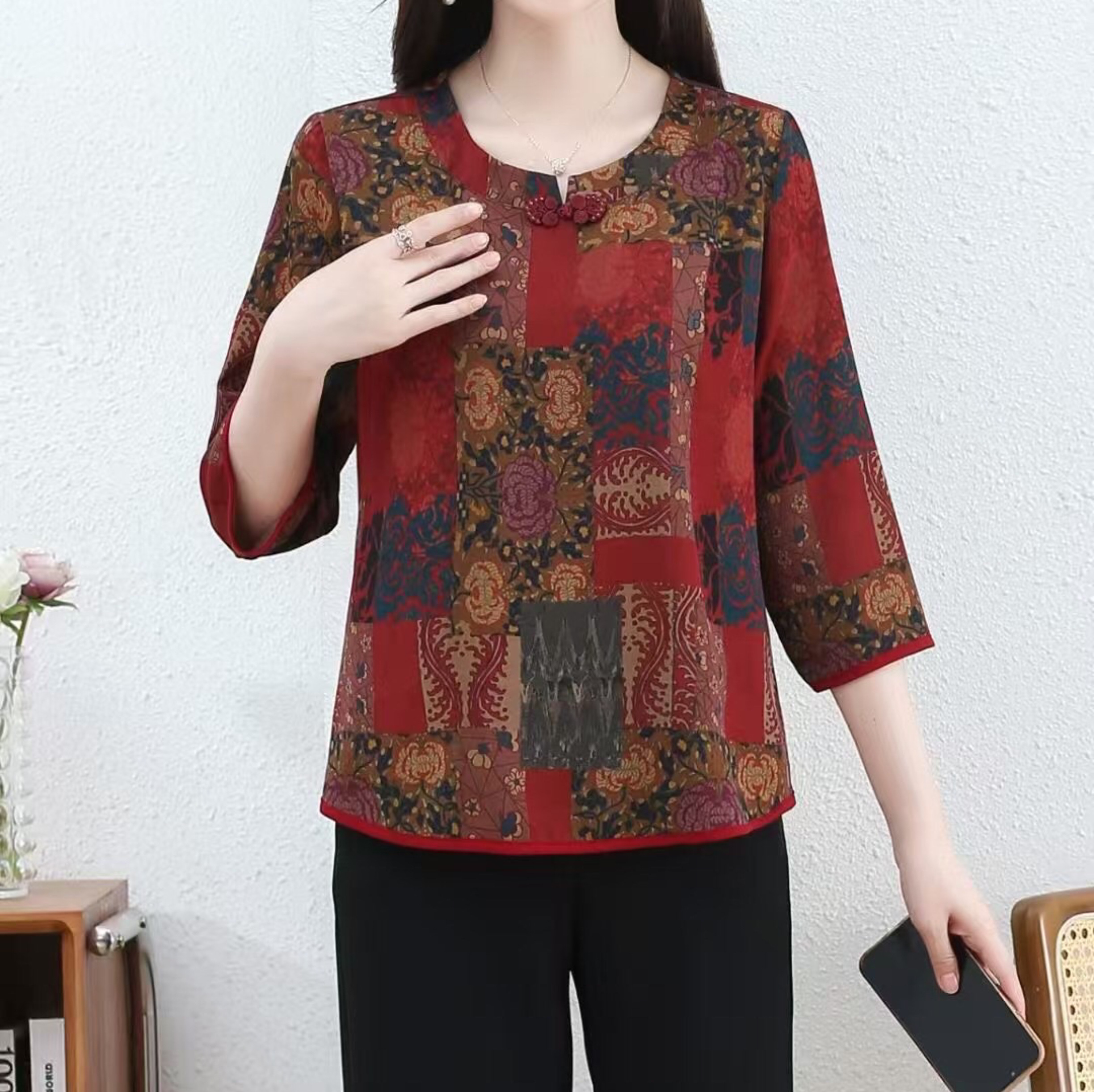 新品上市2025春秋季女装花中袖上衣流行款时尚中年服装码子XL到3XL