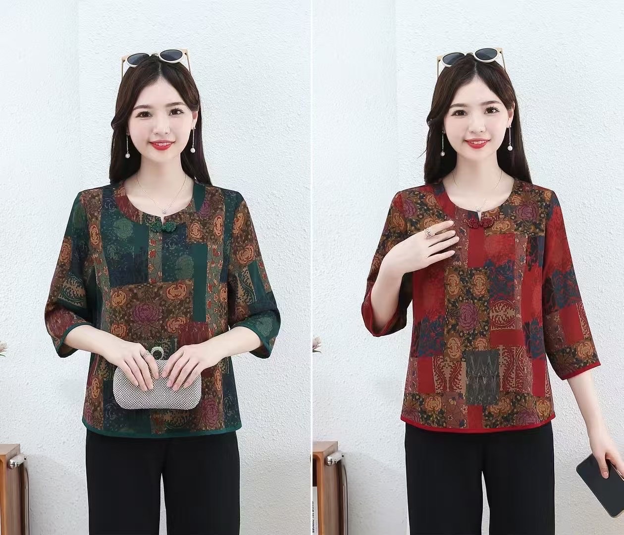 New arrivals: Spring/Autumn 2025 Women's mid-sleeved flowered tops, a trendy and fashionable middle-aged outfit available in sizes from XL to 3XL detail image 2