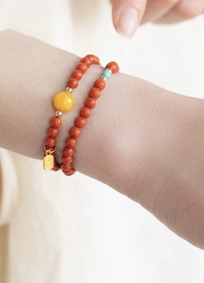 Nan Hong multi-ring natural beeswax original turquoise double-ring bracelet, red bracelet for women in their zodiac year detail image 4