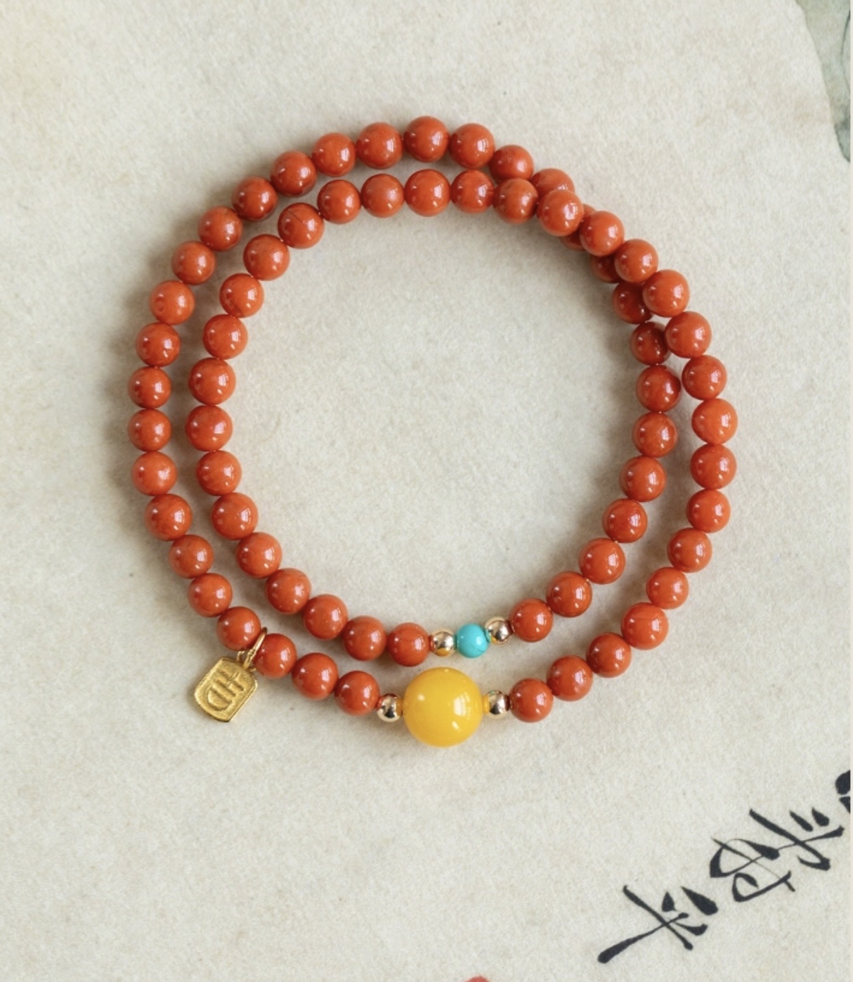 Nan Hong multi-ring natural beeswax original turquoise double-ring bracelet, red bracelet for women in their zodiac year detail image 7