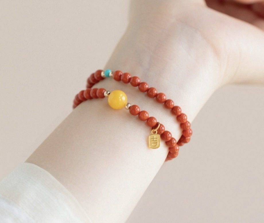 Nan Hong multi-ring natural beeswax original turquoise double-ring bracelet, red bracelet for women in their zodiac year detail image 5