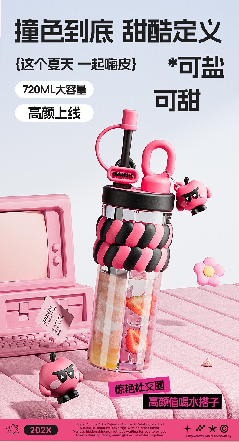 多巴胺双饮双仓杯卡通学生可爱塑料杯创意女生高颜值吸管水杯批发详情图9