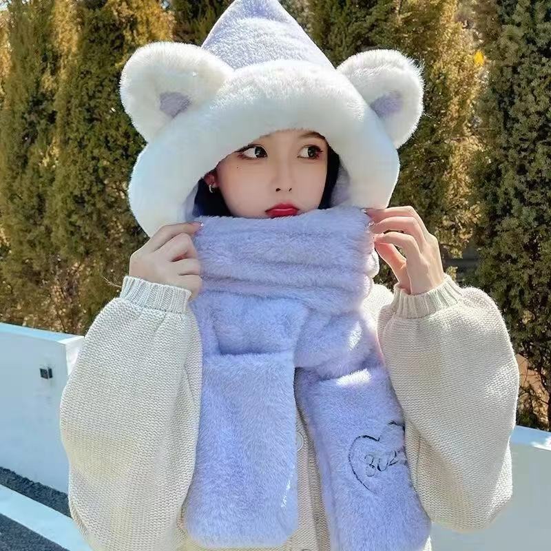 Women's 2025 thick winter faux rabbit fur, cute and sweet. Thickened plush Korean version, versatile, windproof and ear-protecting scarf