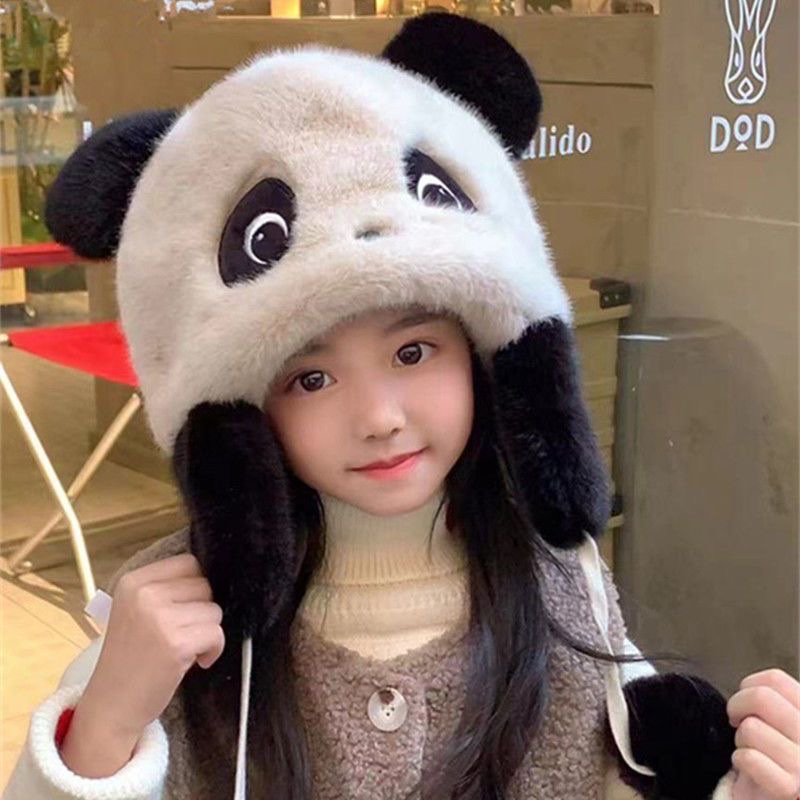 Children's hats, cute winter cartoon panda woolen hats, baby headscarves, rabbit fur landlord hats, warm ear-protecting hats detail image 6