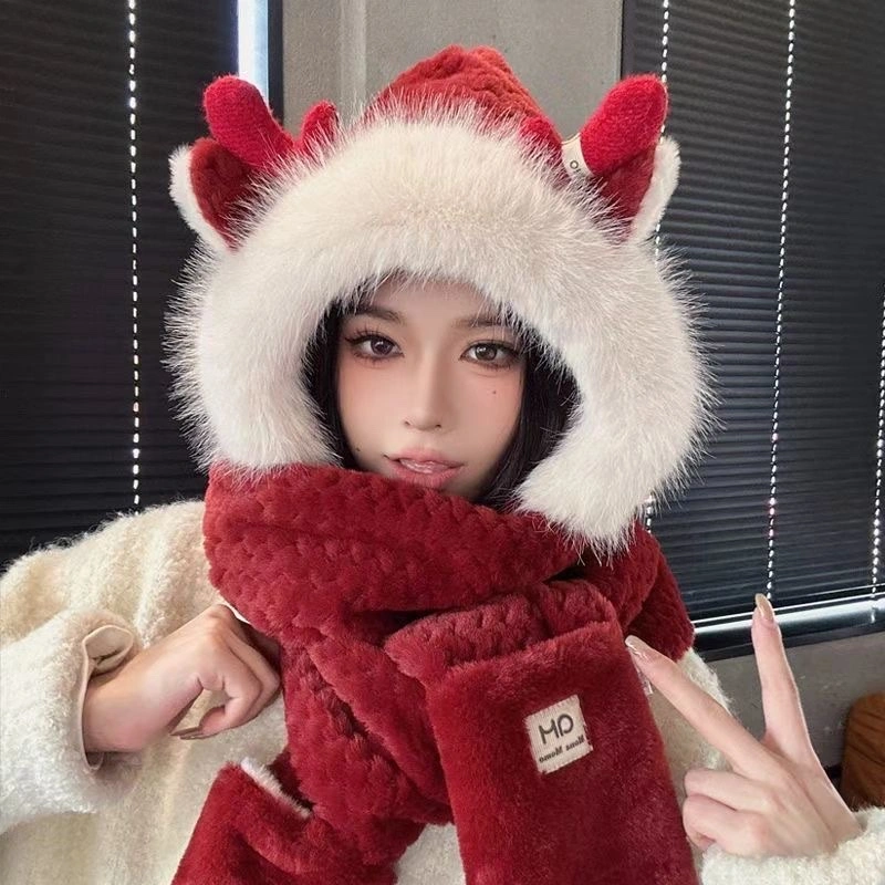 Ankela Red Hat and Scarf Integrated Women's Autumn and Winter plush three-piece set 2025 New style Warm Ear cap detail image 2