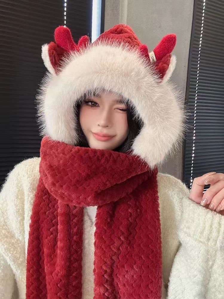Ankela Red Hat and Scarf Integrated Women's Autumn and Winter plush three-piece set 2025 New style Warm Ear cap details Picture