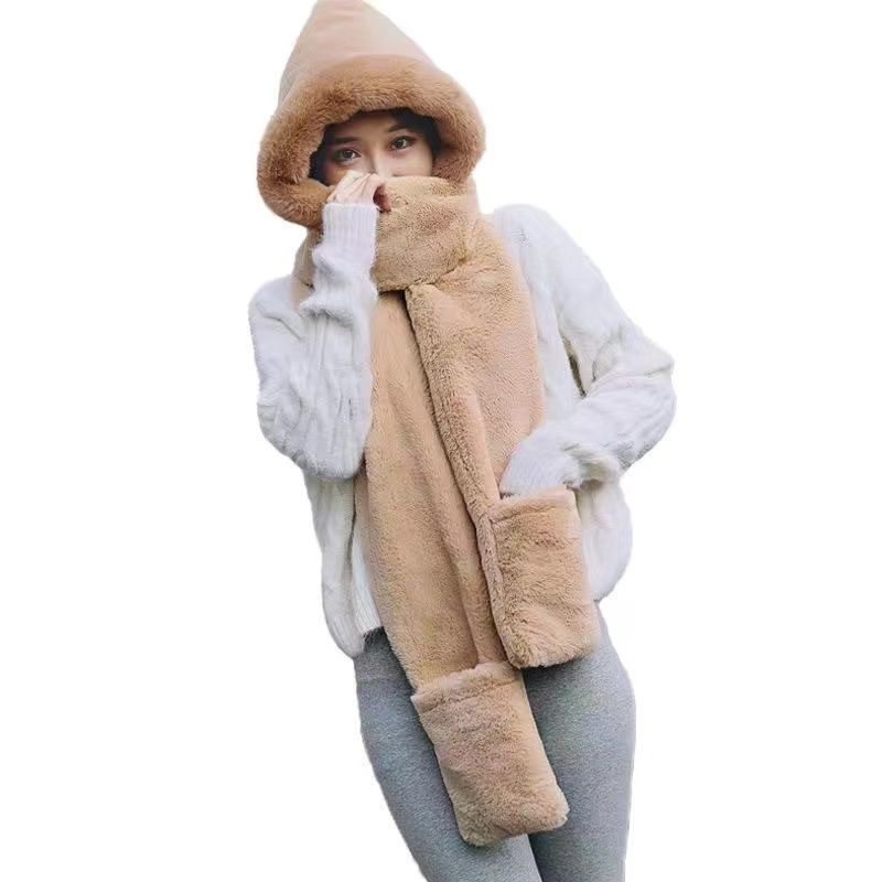 A new winter plush hat for women, a warm, thickened and fleece three-piece set of scarf, hat and gloves. It's cute for cycling Specification image