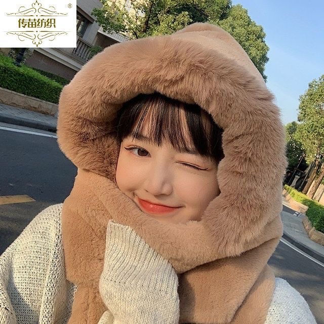 A new winter plush hat for women, a warm, thickened and fleece three-piece set of scarf, hat and gloves. It's cute for cycling detail image 4