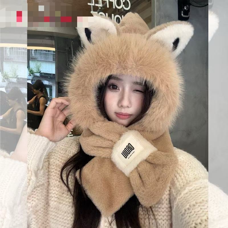 A plush hat for women's winter 2025 new style, a one-piece warm, thickened and fleece scarf set, and a cute cycling outfit details Picture