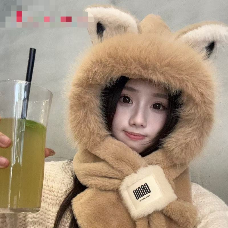 A plush hat for women's winter 2025 new style, a one-piece warm, thickened and fleece scarf set, and a cute cycling outfit detail image 8