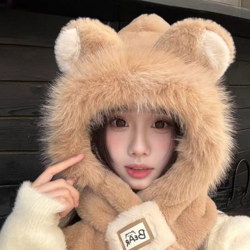 A new winter plush hat for women, a one-piece warm, thickened and fleece scarf set, and a cute cycling outfit Specification image