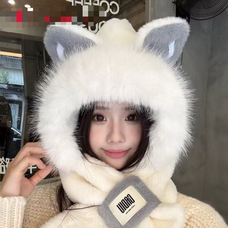 A plush hat for women's winter 2025 new style, a one-piece warm, thickened and fleece scarf set, and a cute cycling outfit detail image 6