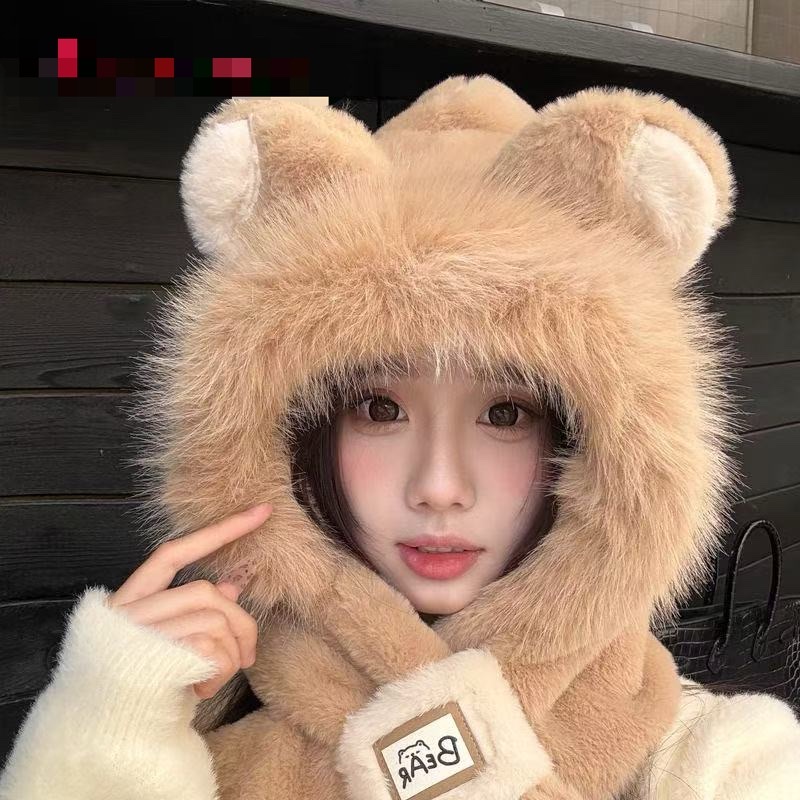 A new winter plush hat for women, a one-piece warm, thickened and fleece scarf set, and a cute cycling outfit detail image 3