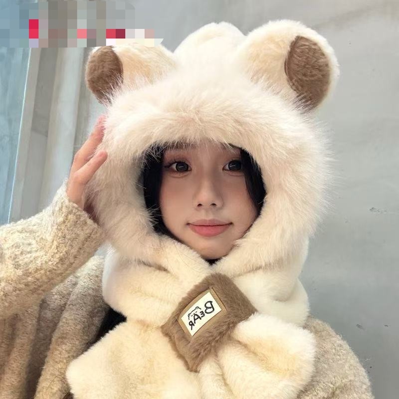 A new winter plush hat for women, a one-piece warm, thickened and fleece scarf set, and a cute cycling outfit detail image 2