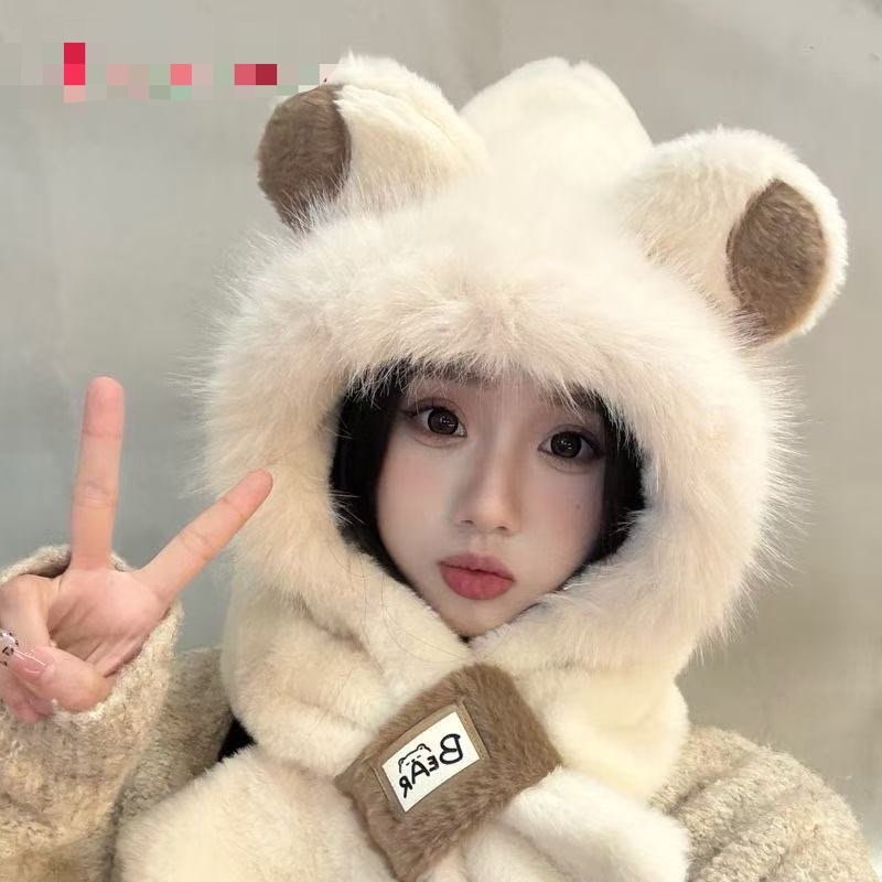 A new winter plush hat for women, a one-piece warm, thickened and fleece scarf set, and a cute cycling outfit detail image 5