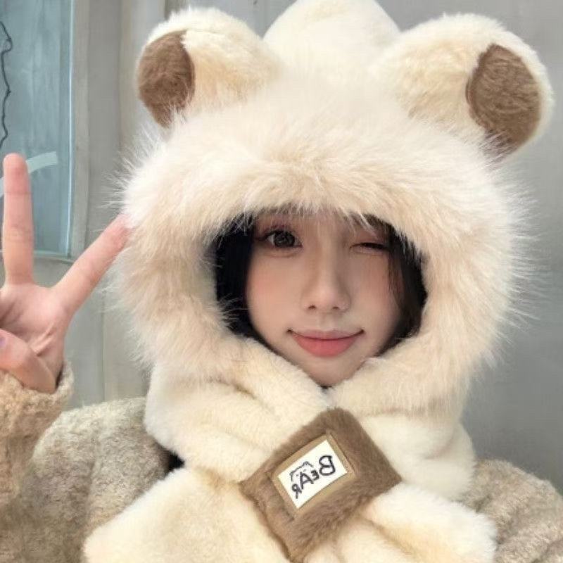 A new winter plush hat for women, a one-piece warm, thickened and fleece scarf set, and a cute cycling outfit detail image 4