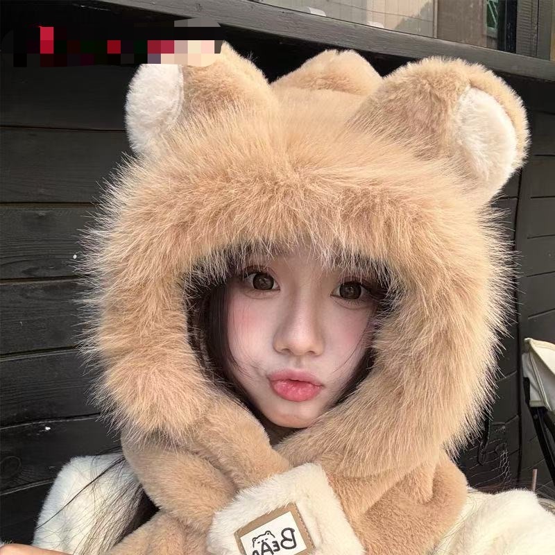 A new winter plush hat for women, a one-piece warm, thickened and fleece scarf set, and a cute cycling outfit Item Picture
