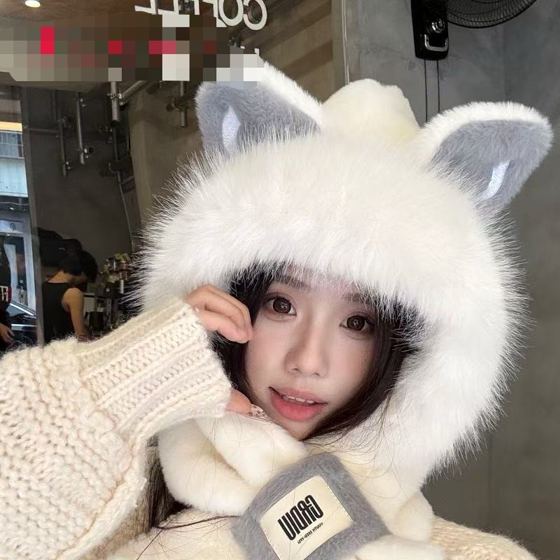 A plush hat for women's winter 2025 new style, a one-piece warm, thickened and fleece scarf set, and a cute cycling outfit detail image 7