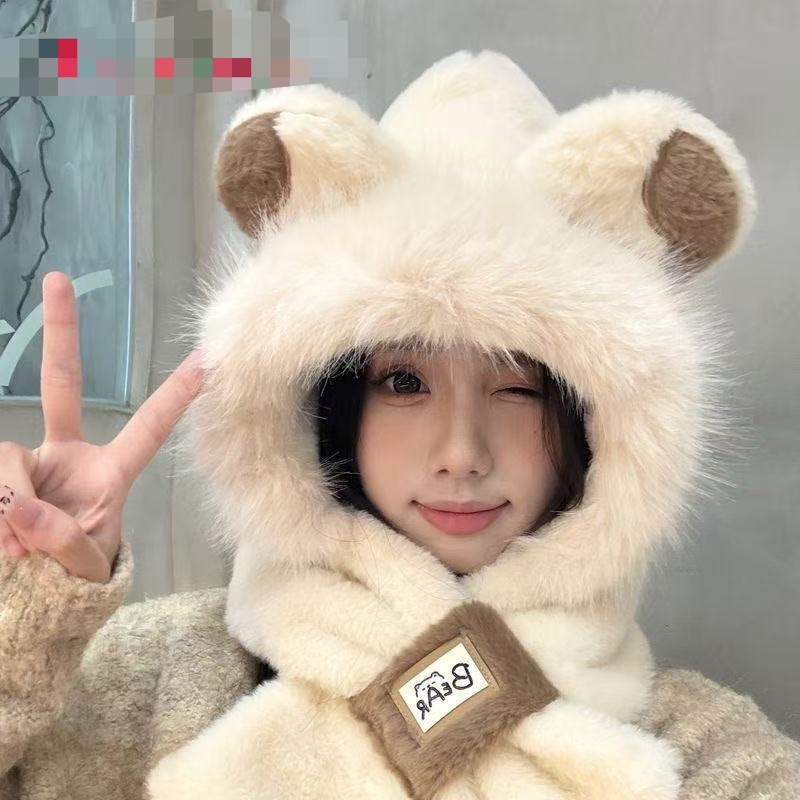 毛绒帽子女冬季新款围巾一体保暖加厚加绒围脖二件套骑车可爱