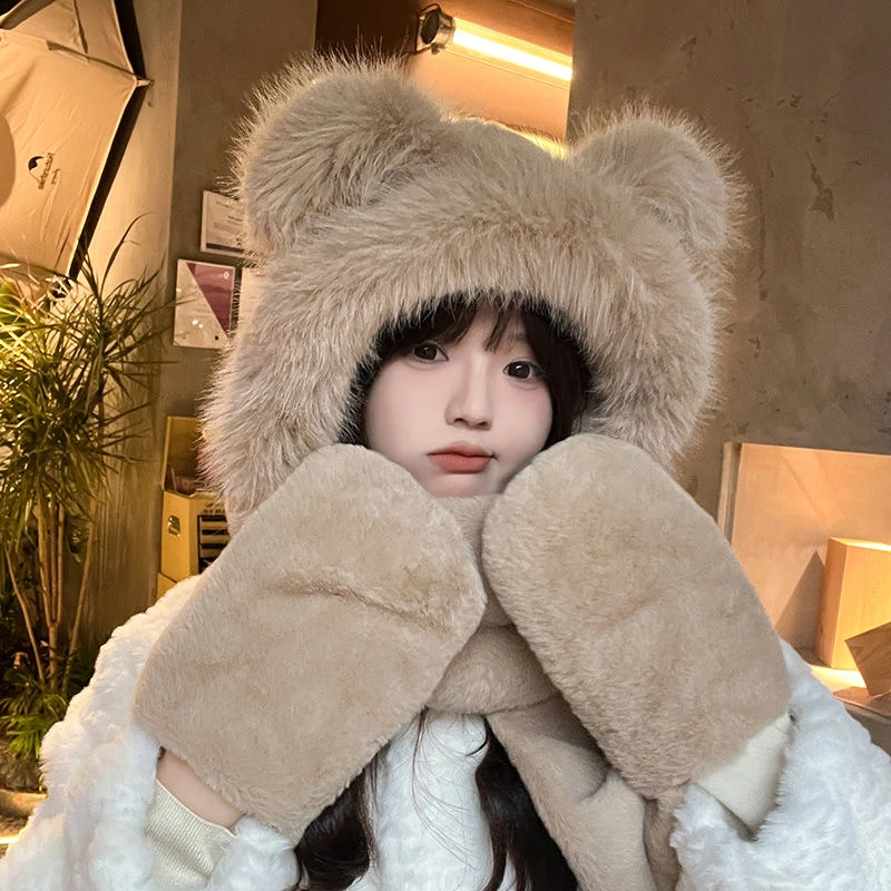 This is a new three-piece set for women in winter 2024, featuring a warm hat, scarf, gloves, and a cute, thick, and versatile scarf detail image 4