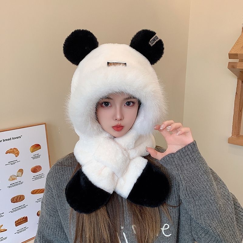 甜美可爱毛绒帽子围巾一体女秋冬季骑行保暖防寒围脖包头护耳连帽两件套白底实物图