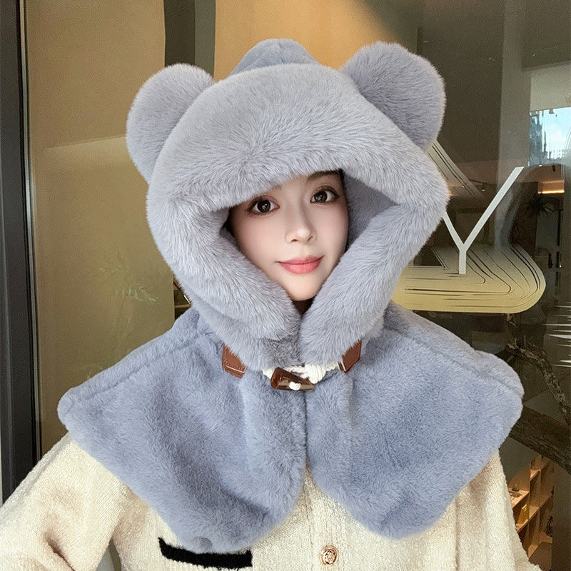 仿兔毛帽子女秋冬韩版百搭连帽披肩冬季加厚保暖护耳毛绒围脖坎肩产品图