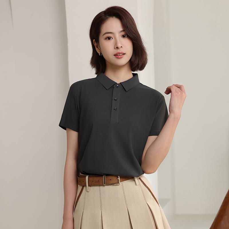 Cross-border brocade ammonia seamless lapel quick-drying ice cool silk Polo women's short-sleeved advertising shirt Cultural shirt Women's casual clothes comfortable, breathable and fashionable new style detail image 15