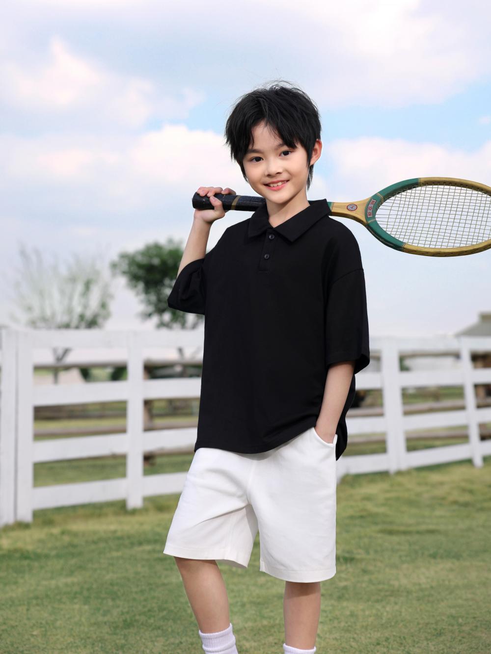 Children's clothing 200g/㎡ 100% pure cotton off-the-shoulder lapel polo for both men and women, short-sleeved polo Korean style children's clothing, new fashionable, comfortable and breathable children's clothing for summer Specification image