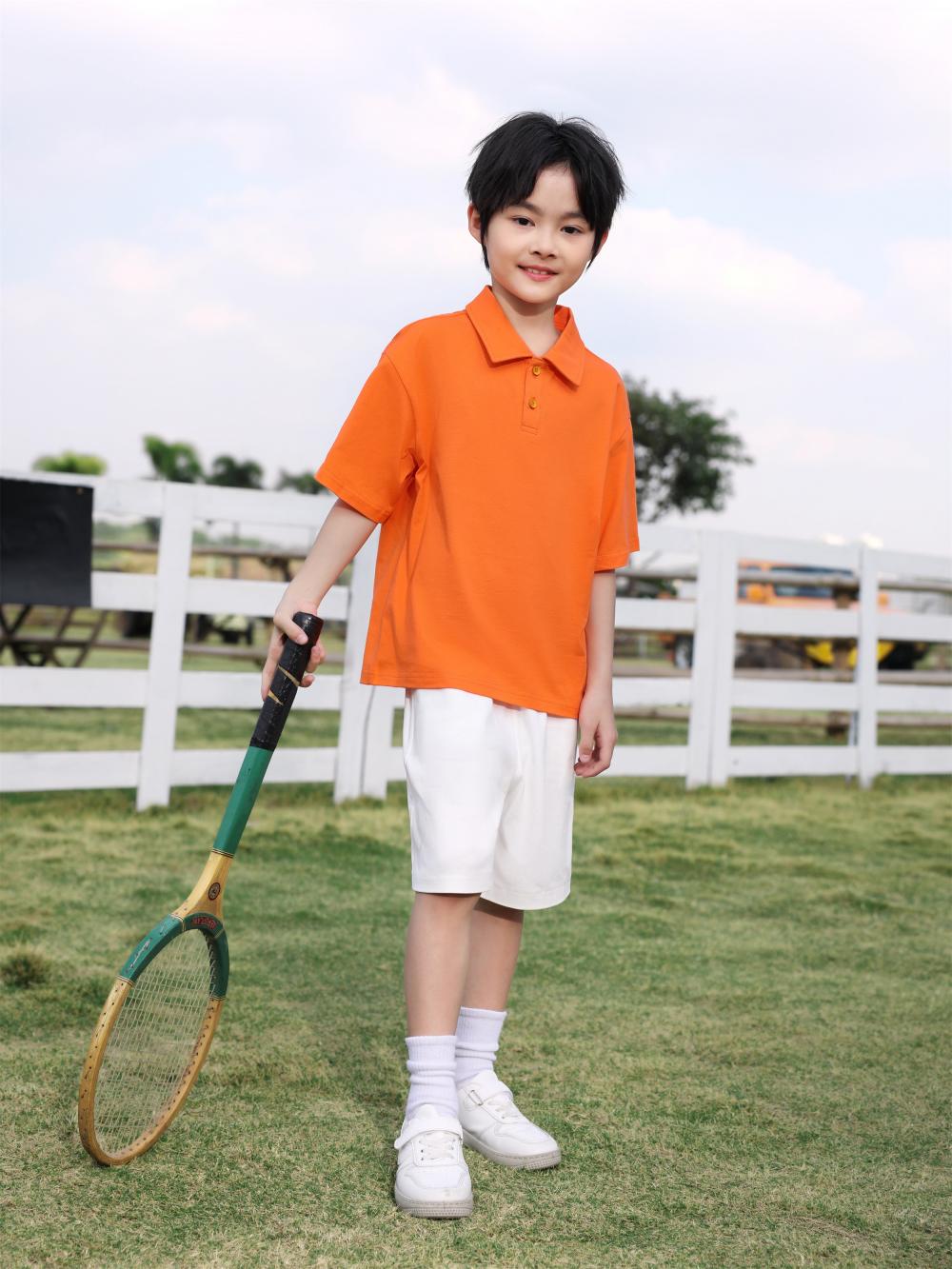 Children's clothing 200g/㎡ 100% pure cotton off-the-shoulder lapel polo for both men and women, short-sleeved polo Korean style children's clothing, new fashionable, comfortable and breathable children's clothing for summer details Picture