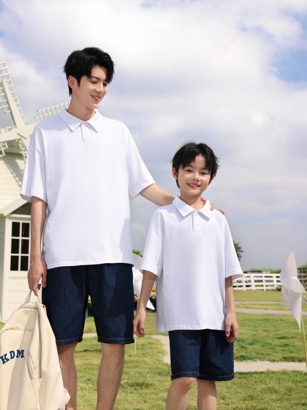 Children's clothing 200g/㎡ 100% pure cotton off-the-shoulder lapel polo for both men and women, short-sleeved polo Korean style children's clothing, new fashionable, comfortable and breathable children's clothing for summer detail image 10