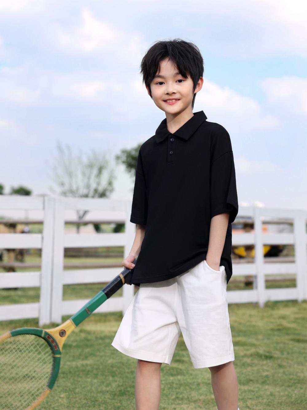 Children's clothing 200g/㎡ 100% pure cotton off-the-shoulder lapel polo for both men and women, short-sleeved polo Korean style children's clothing, new fashionable, comfortable and breathable children's clothing for summer detail image 14