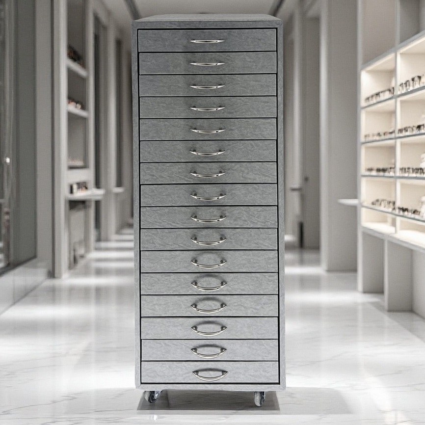 岩灰色皮质眼镜展示柜灰色内衬156付太阳镜192付光学镜抽屉式眼镜样品展示柜