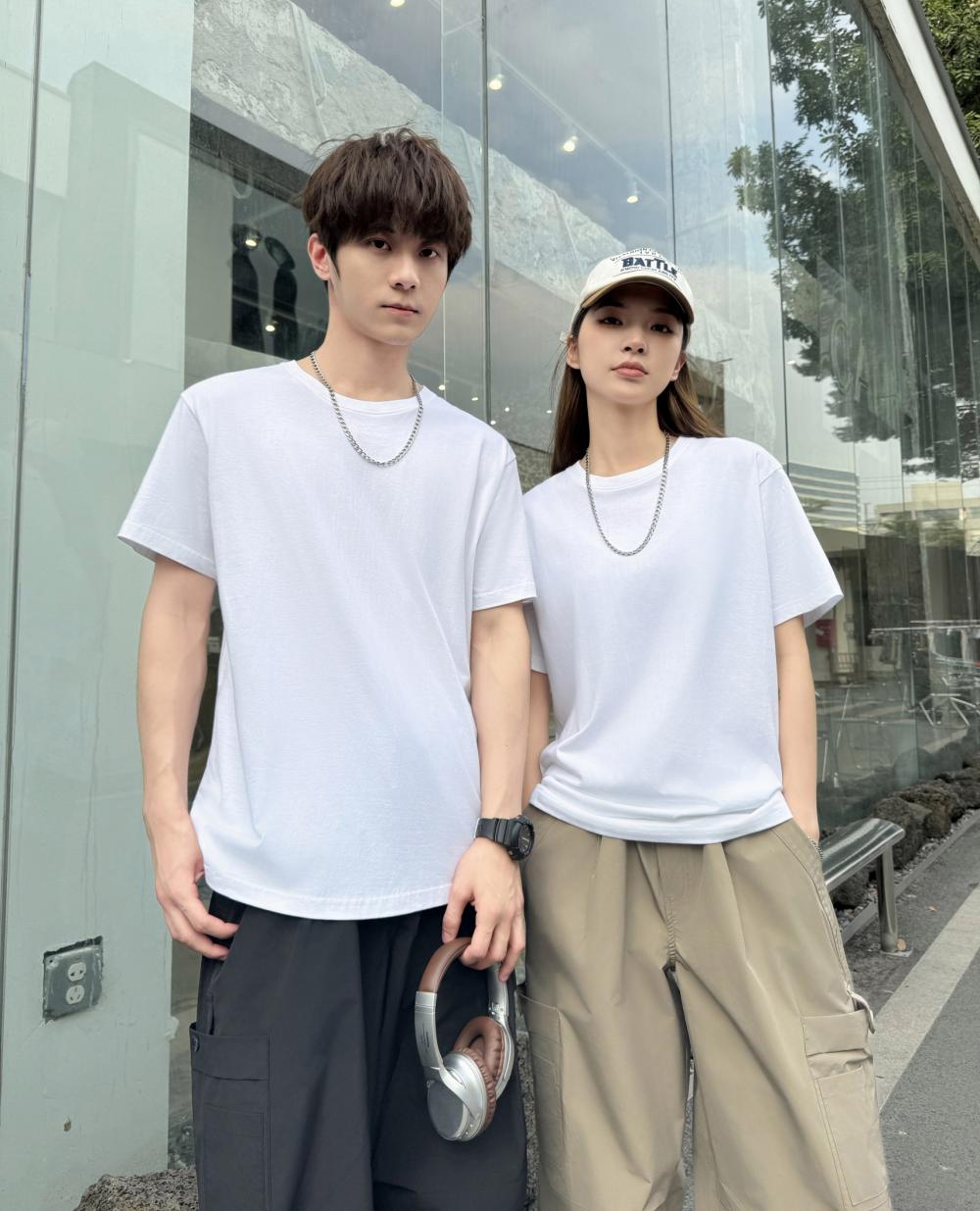 Cross-border 32-piece 200g/㎡ 5A antibacterial combed pure cotton European size off-the-shoulder loose style short-sleeved T-shirt, trendy clothing, fashionable casual T-shirt, simple and elegant short-sleeved trendy T-shirt for men details Picture